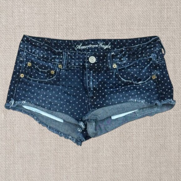 American Eagle Outfitters Low Rise Blue Polka Dot Cut Off Raw Hem Denim Shorts 4 - Picture 1 of 10
